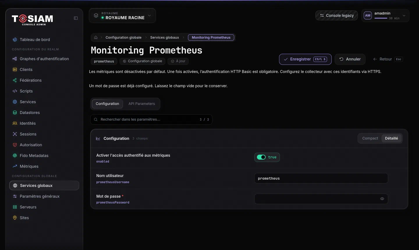 Service global Monitoring Prometheus : accès authentifié activé, nom utilisateur prometheus, mot de passe