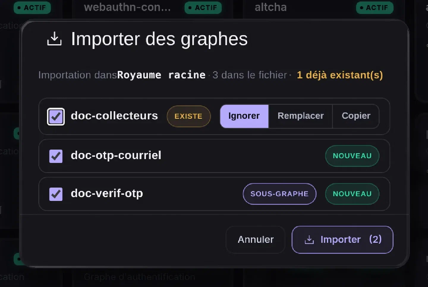 Fenêtre Importer des graphes : doc-collecteurs existe déjà avec le choix Ignorer, Remplacer, Copier ; doc-verif-otp marqué sous-graphe ; bouton Importer (2)