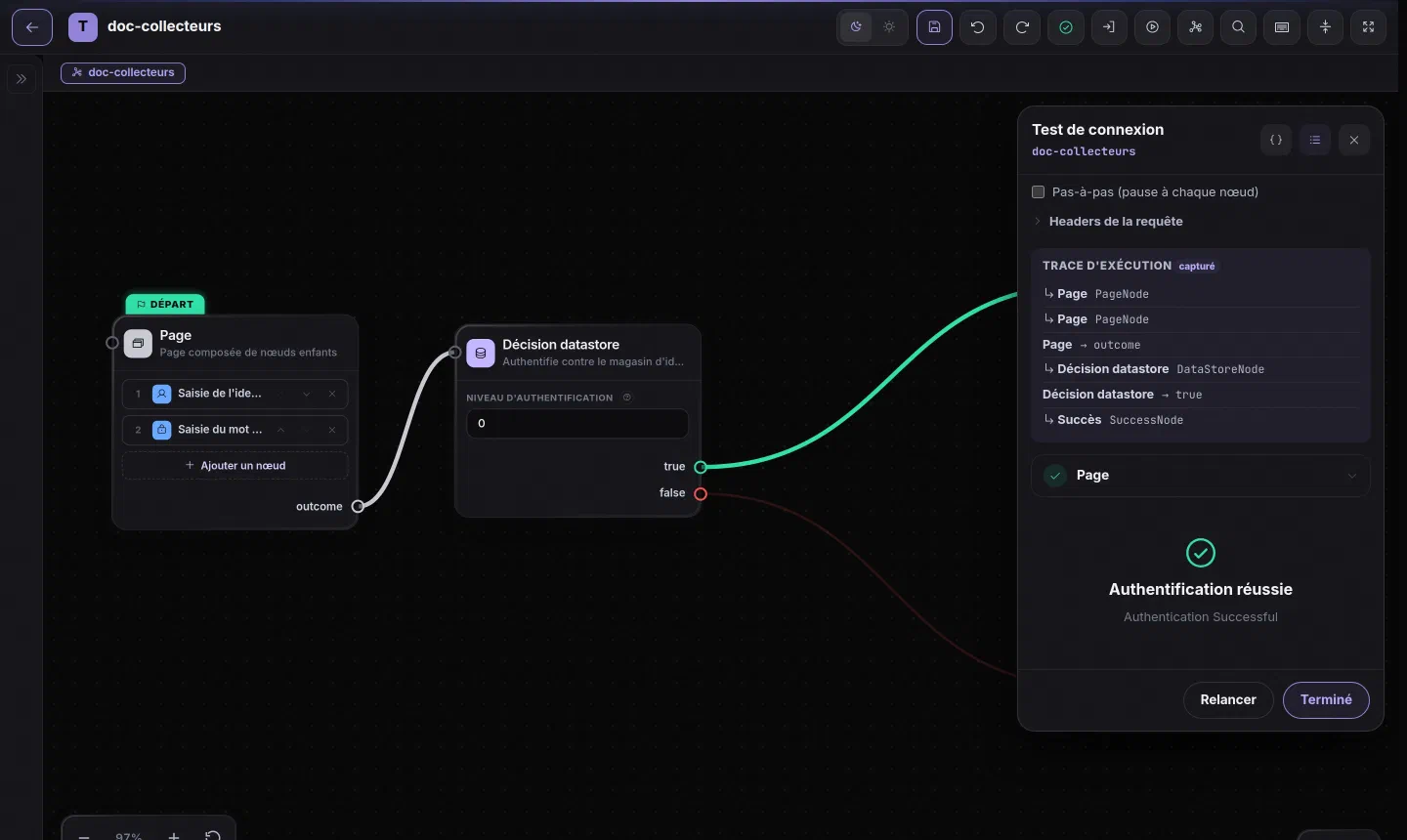 Testeur de connexion de l'éditeur : trace d'exécution Page, Décision datastore, Succès et message Authentification réussie