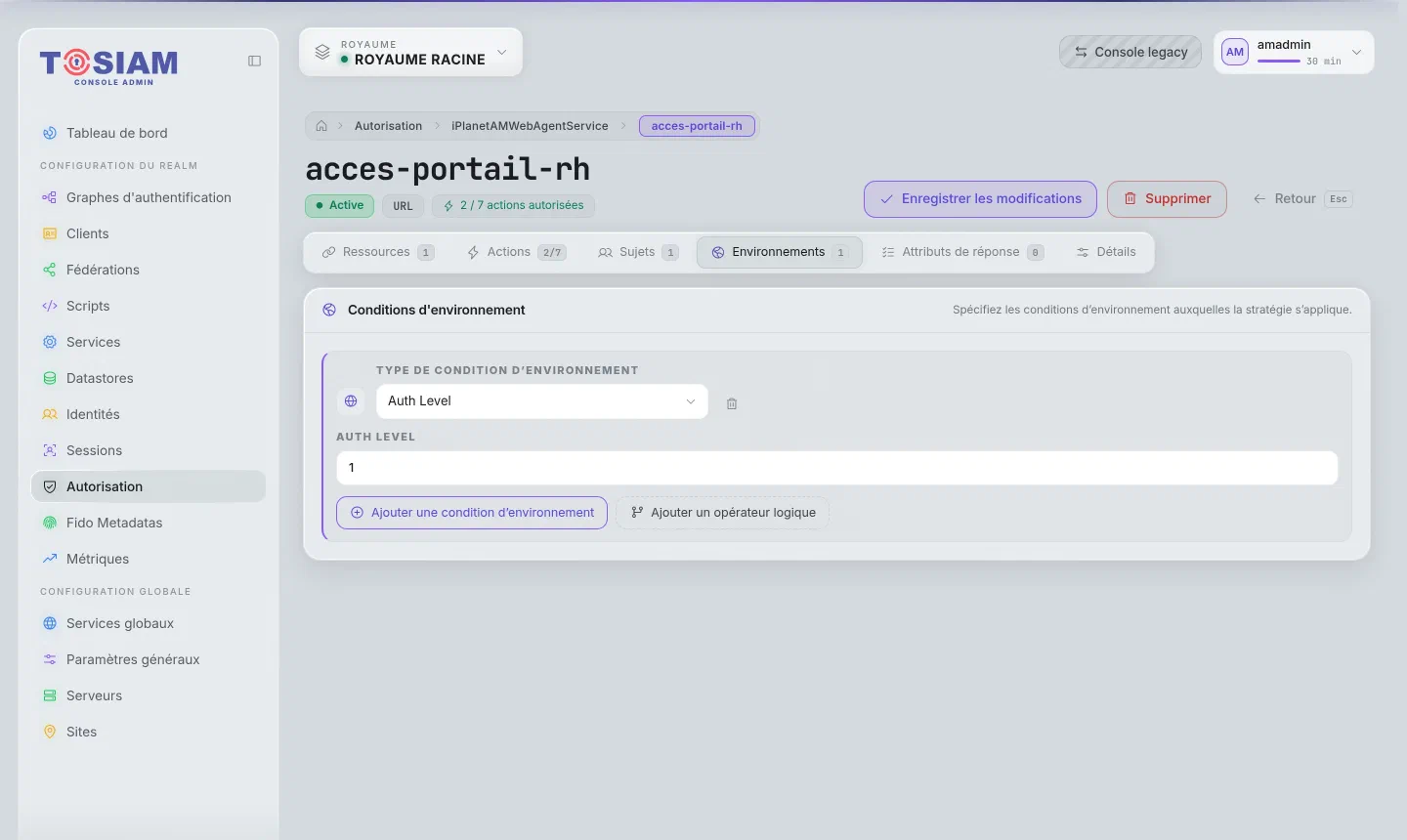 Section Environnements d'une politique : condition Auth Level réglée à 1