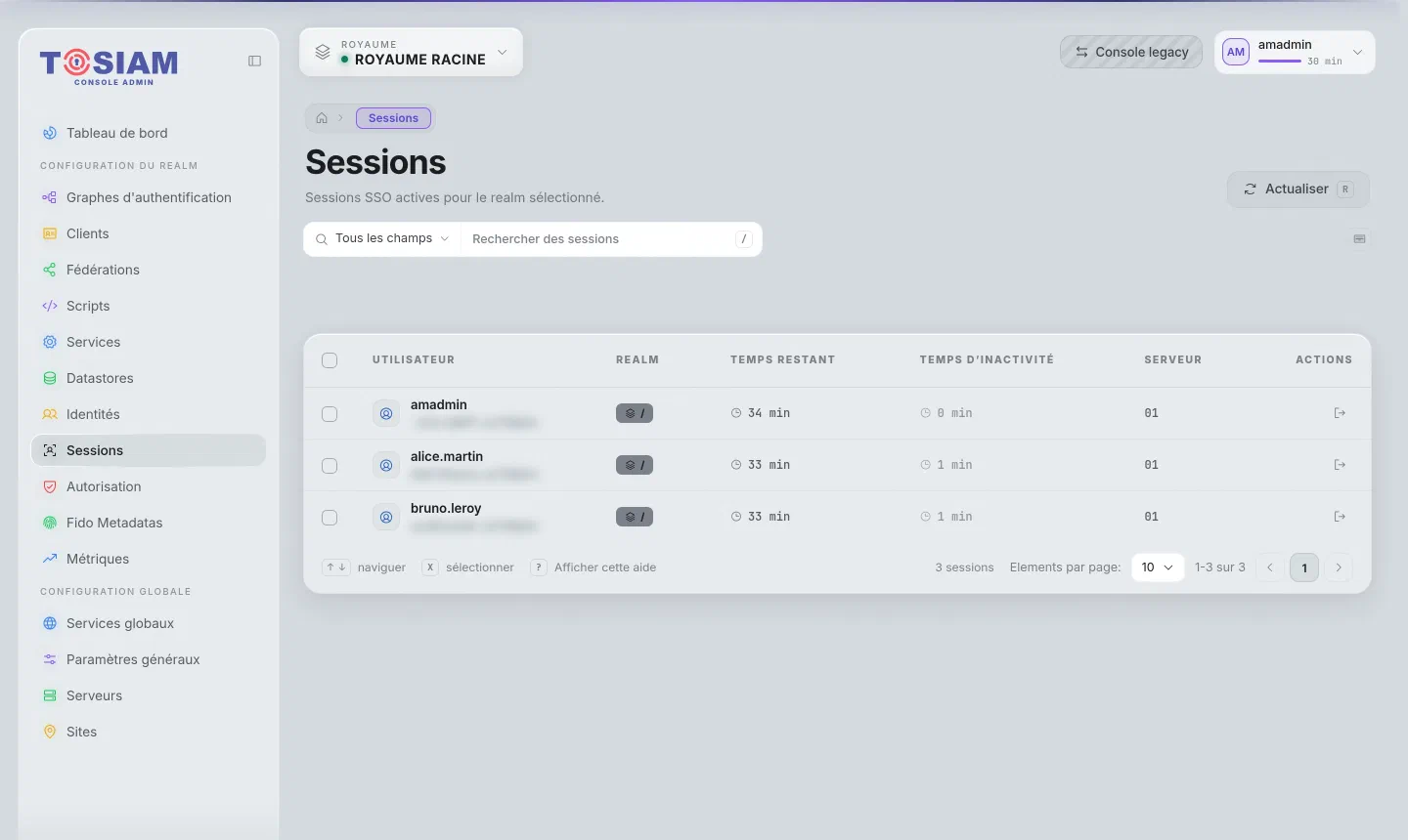 Menu Sessions de la console : trois sessions actives avec temps restant, temps d'inactivité et action d'invalidation