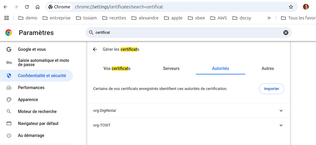 Gestion des certificats du navigateur, import du certificat racine QuickStart