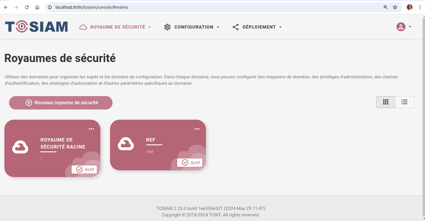 Console d'administration TOSIAM affichant le royaume de sécurité ref nouvellement créé