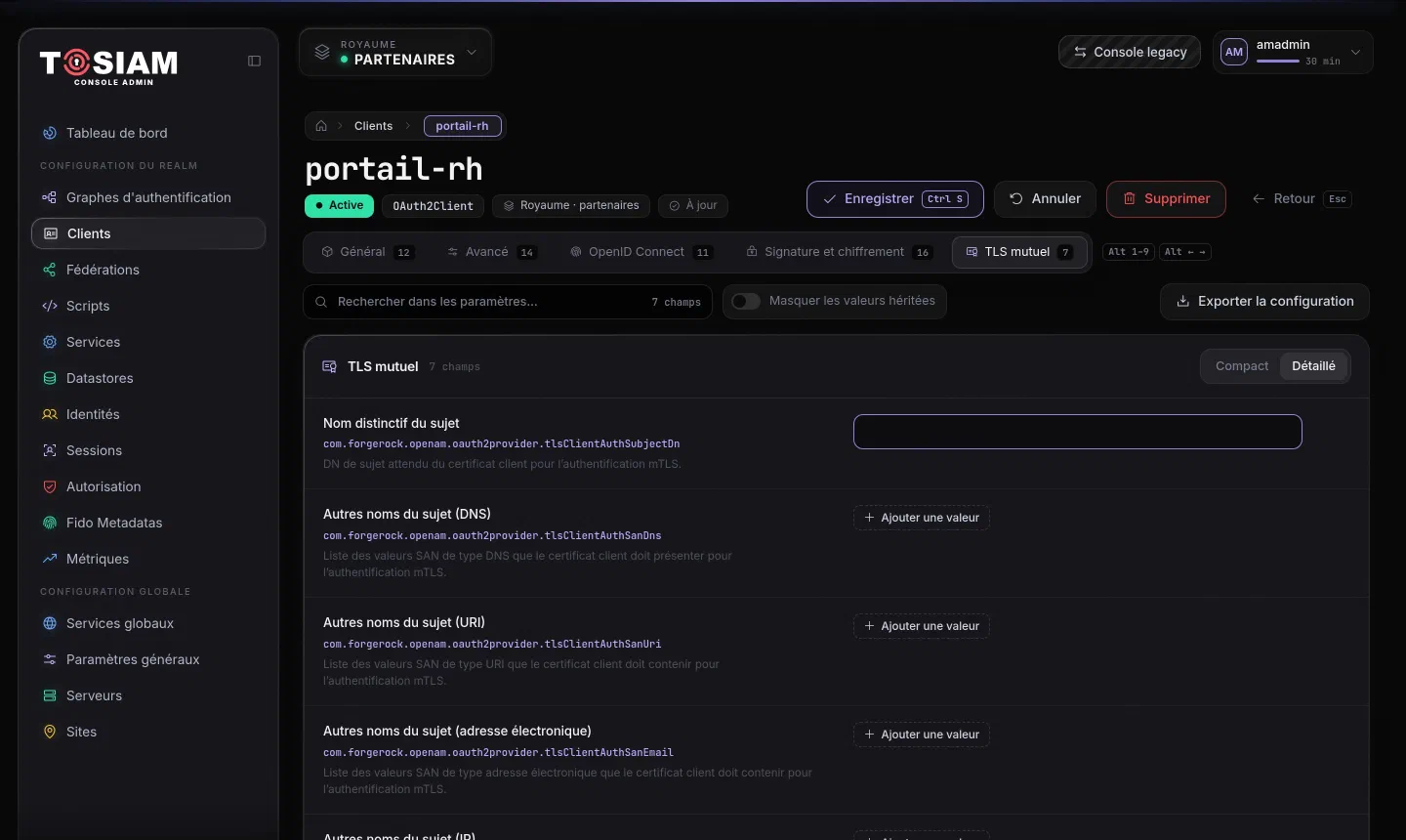 Onglet TLS mutuel de la fiche d'un client : nom distinctif du sujet et noms alternatifs