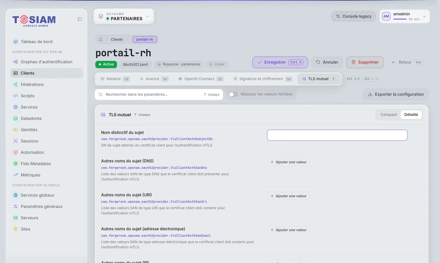 Onglet TLS mutuel de la fiche d'un client : nom distinctif du sujet et noms alternatifs