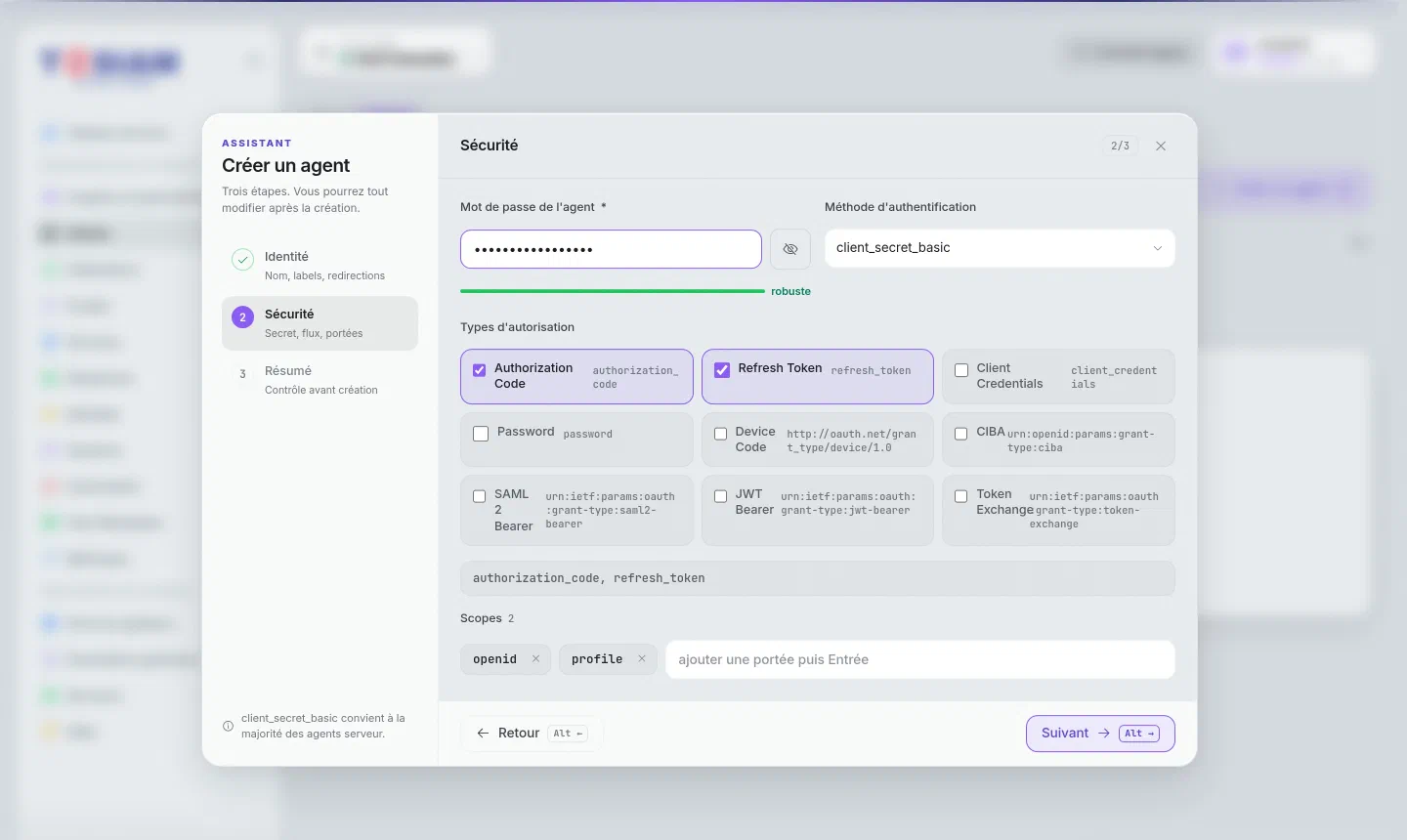 Étape Sécurité de l'assistant de création d'un client : mot de passe, méthode d'authentification, types d'autorisation et scopes