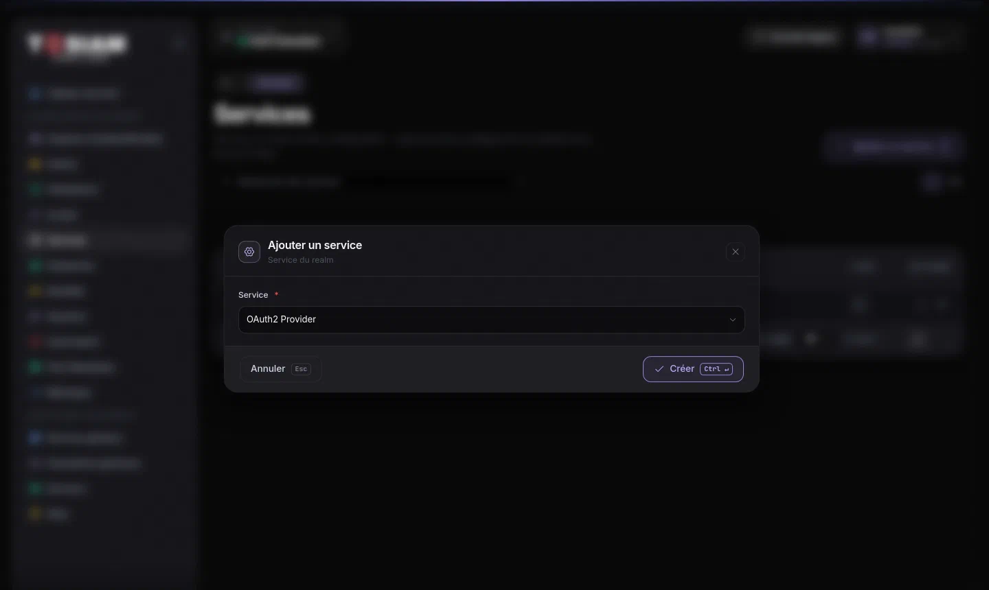 Fenêtre Ajouter un service de la console, OAuth2 Provider sélectionné
