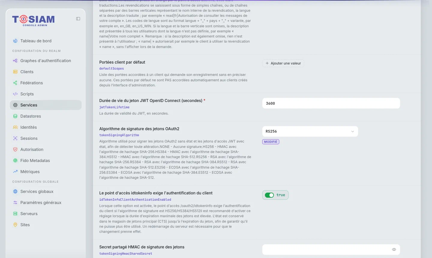 Réglages du service OAuth2 Provider : Algorithme de signature des jetons OAuth2 réglé sur RS256