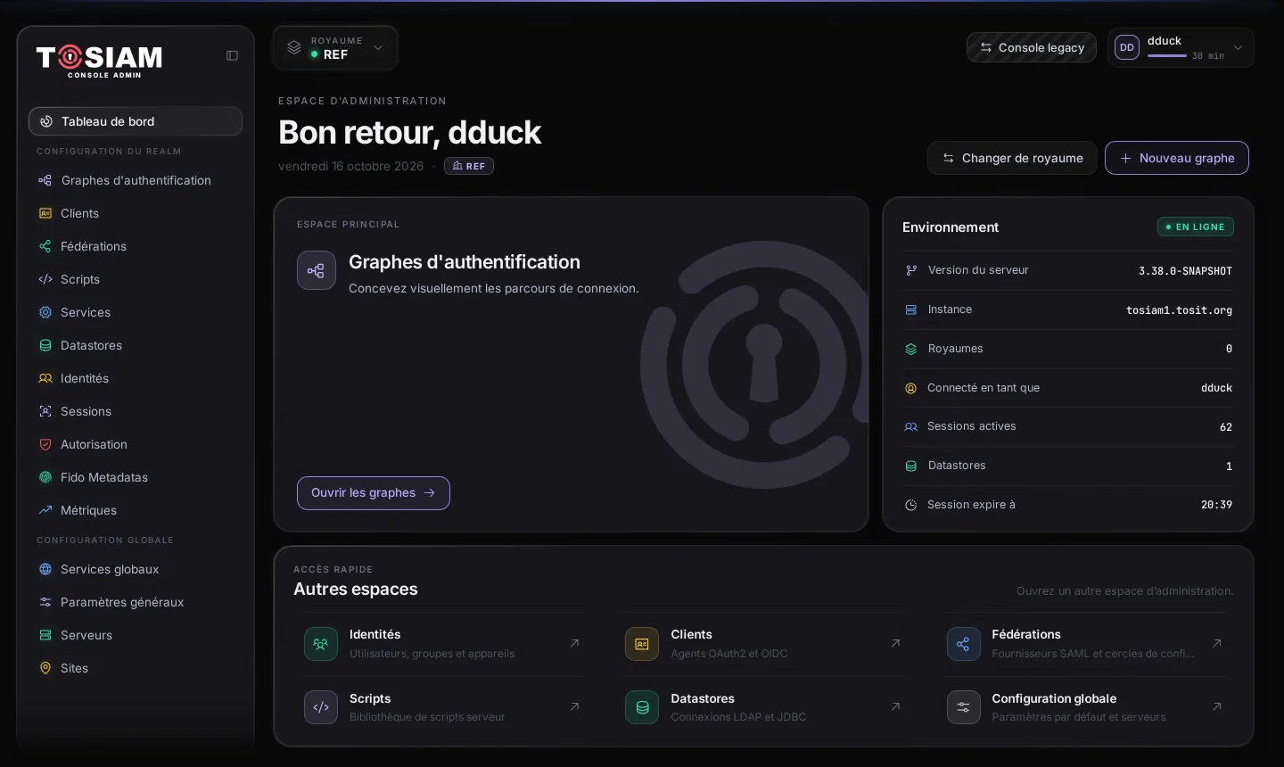 Console de TOSIAM ouverte par dduck : royaume REF, tableau de bord « Bon retour, dduck »