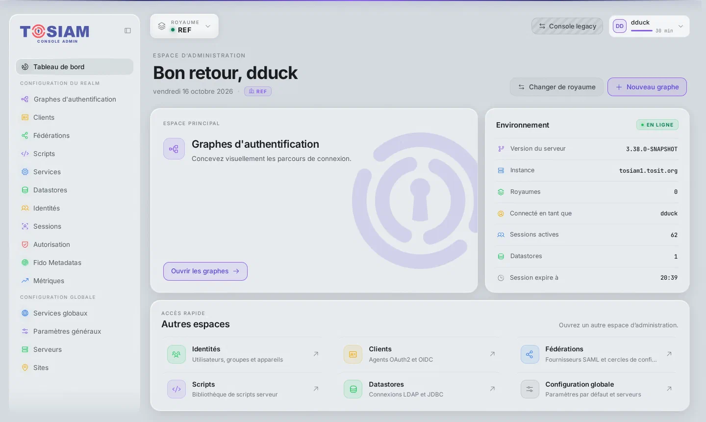 Console de TOSIAM ouverte par dduck : royaume REF, tableau de bord « Bon retour, dduck »