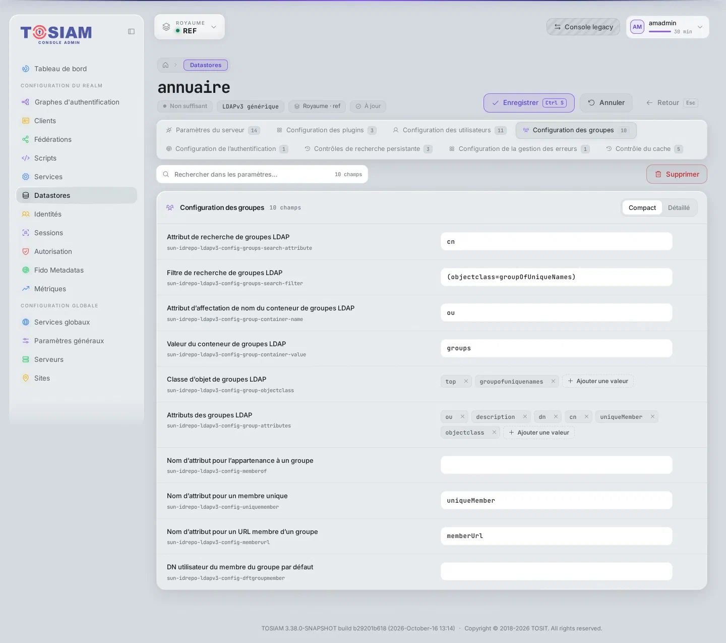 Datastore annuaire du royaume ref, onglet Configuration des groupes : filtre (objectclass=groupOfUniqueNames), classe d'objet groupofuniquenames et top, nom d'attribut pour l'appartenance à un groupe vide, nom d'attribut pour un membre unique uniqueMember