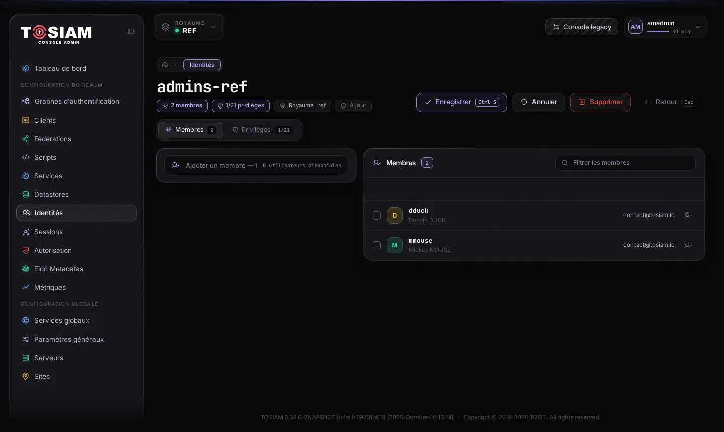 Groupe admins-ref du royaume ref, onglet Membres : dduck (Donald DUCK) et mmouse (Mickey MOUSE)