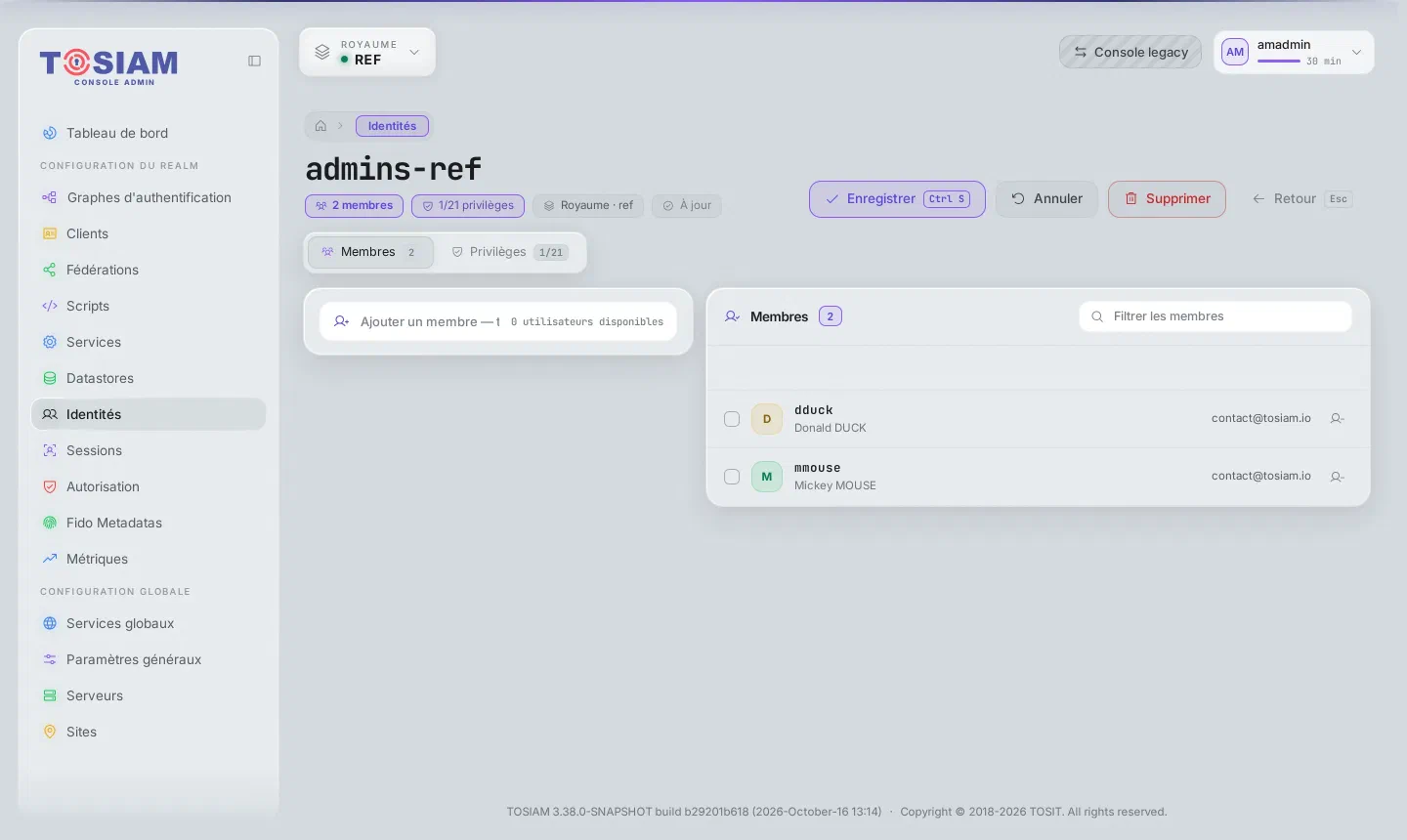 Groupe admins-ref du royaume ref, onglet Membres : dduck (Donald DUCK) et mmouse (Mickey MOUSE)