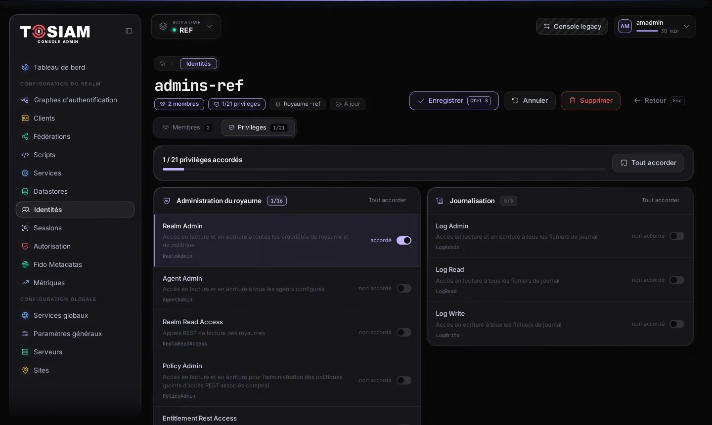 Groupe admins-ref, onglet Privilèges : 1 sur 21 privilèges accordés, Realm Admin accordé dans la section Administration du royaume