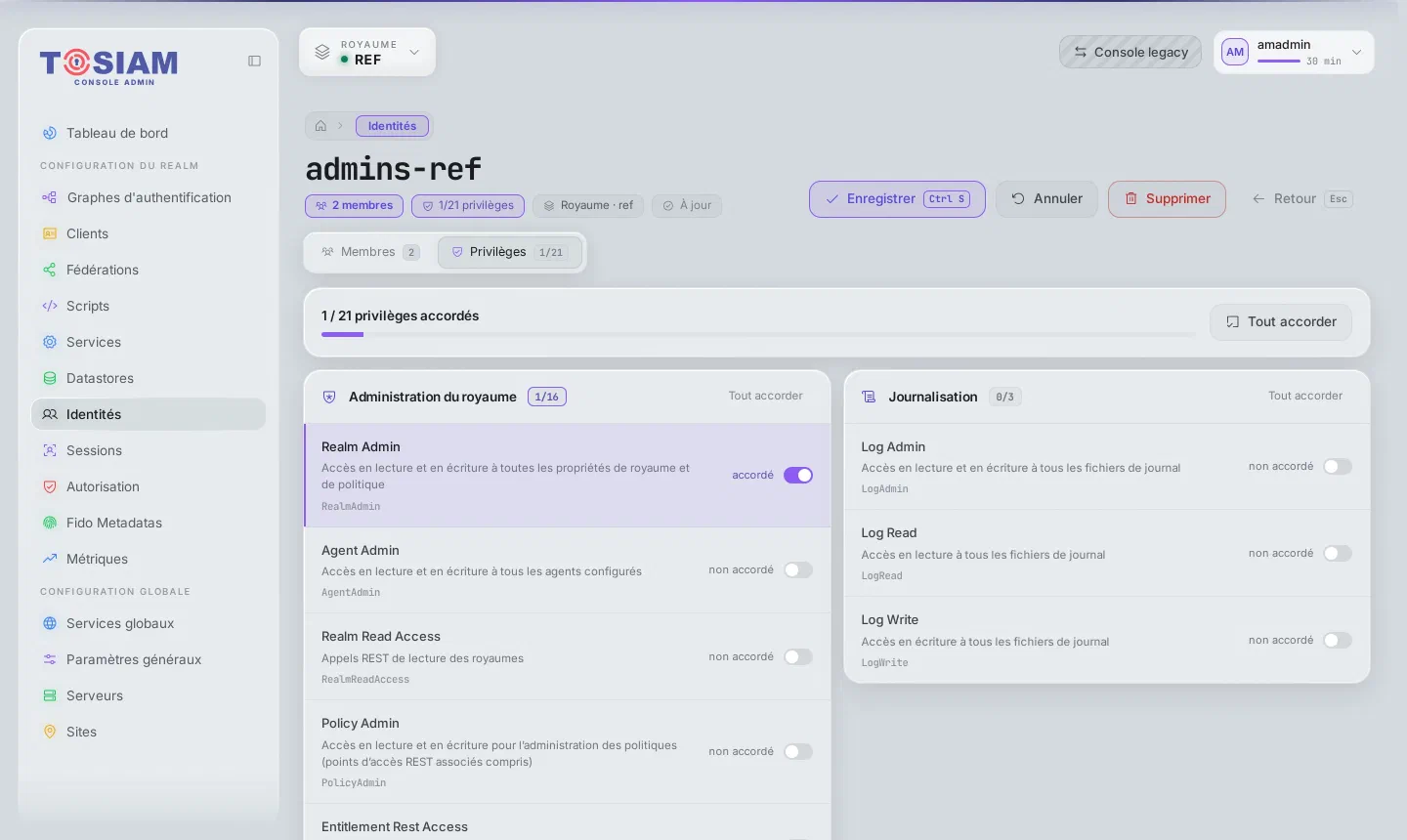 Groupe admins-ref, onglet Privilèges : 1 sur 21 privilèges accordés, Realm Admin accordé dans la section Administration du royaume
