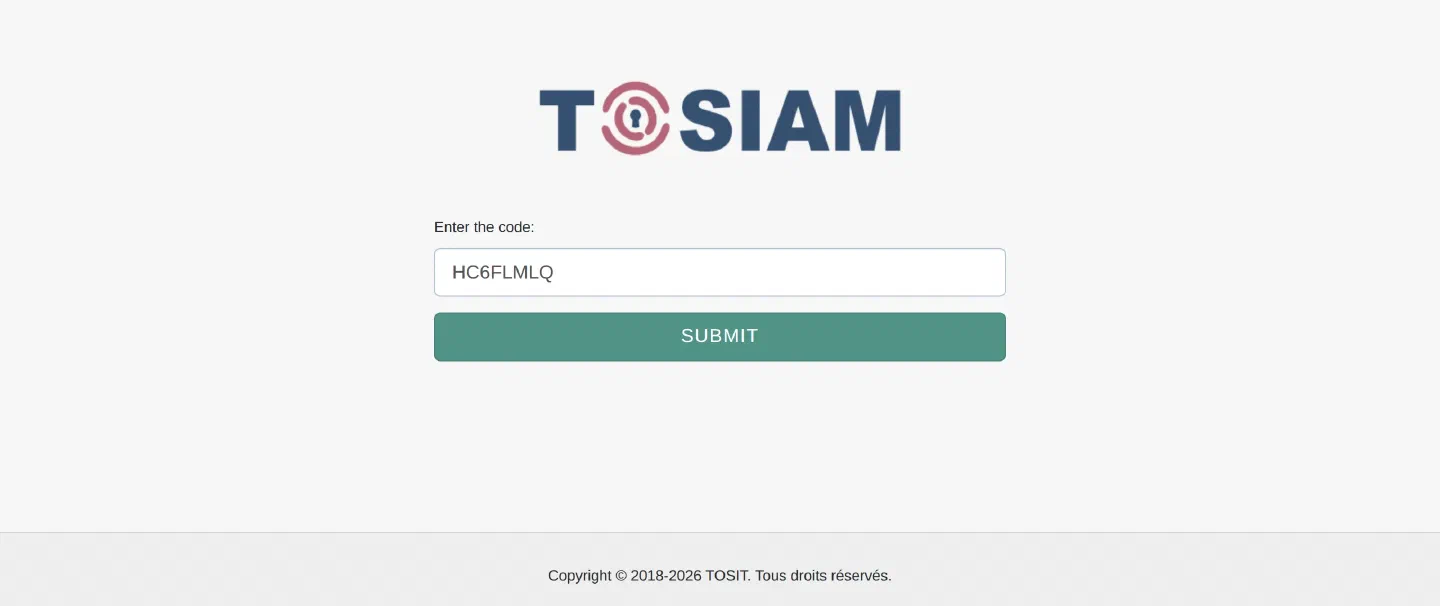 Page de saisie du code de TOSIAM : champ du code rempli avec HC6FLMLQ et bouton Submit