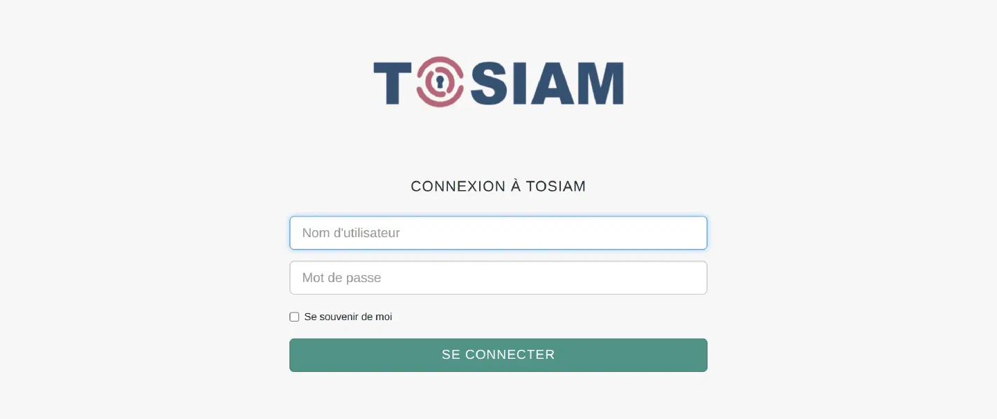 Page de connexion de TOSIAM : nom d'utilisateur et mot de passe