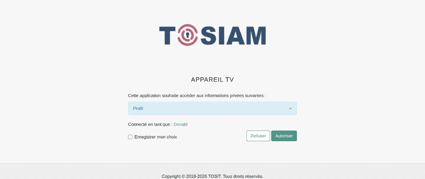 Écran de consentement : application Appareil TV, information demandée Profil, connecté en tant que Donald, boutons Refuser et Autoriser