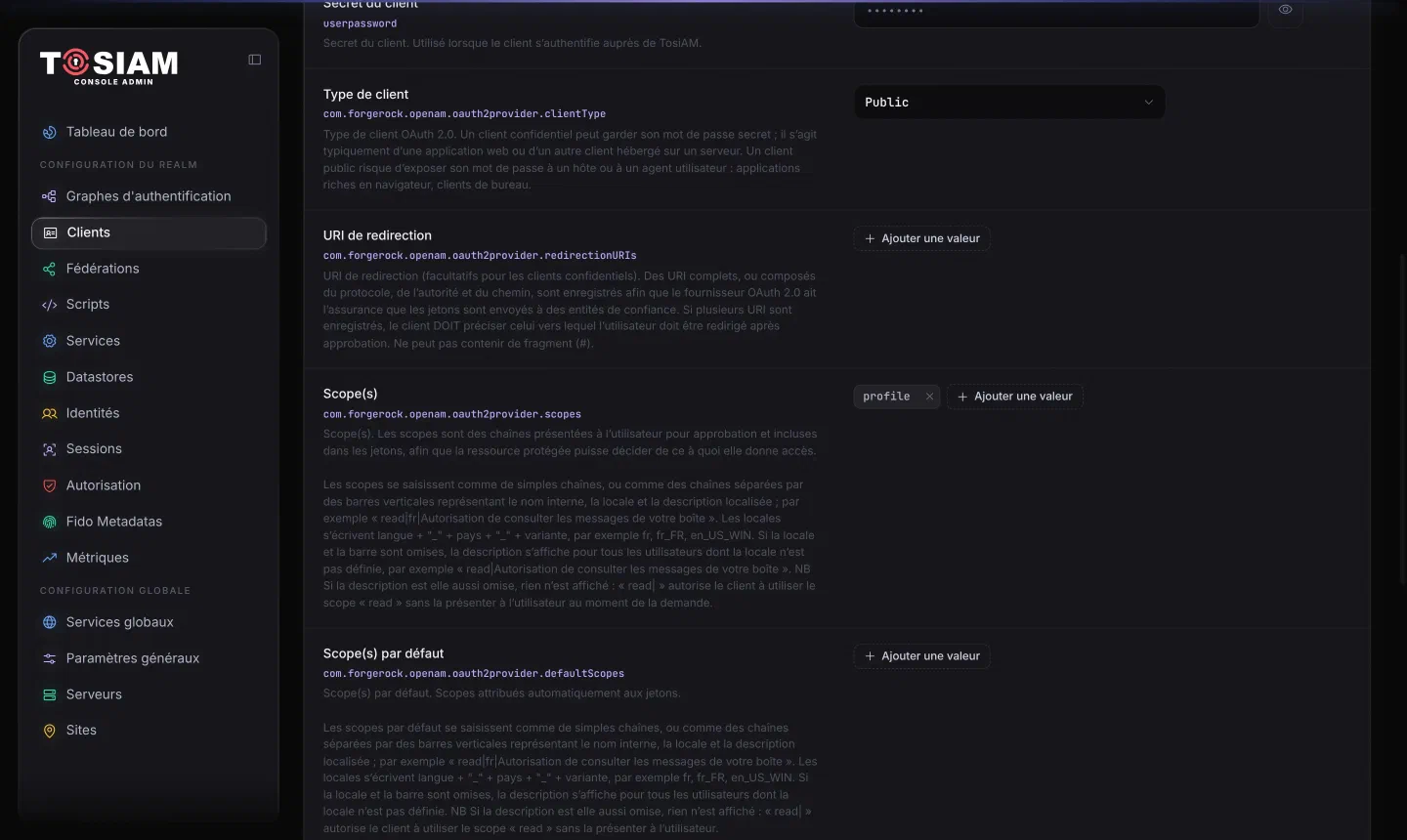 Fiche du client appareil-tv, onglet Général : type de client Public, scope profile