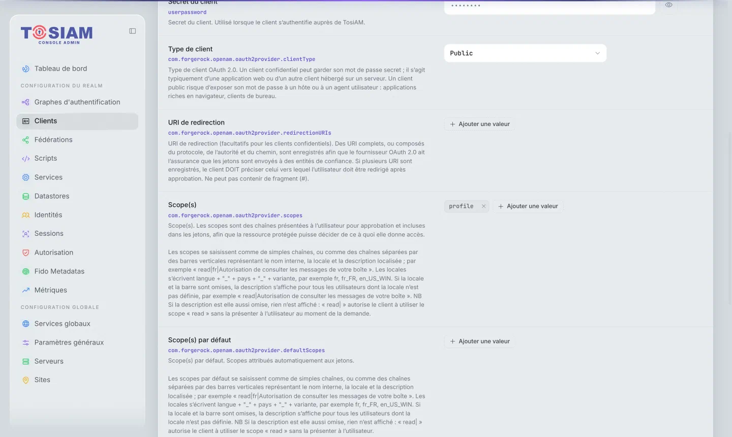 Fiche du client appareil-tv, onglet Général : type de client Public, scope profile