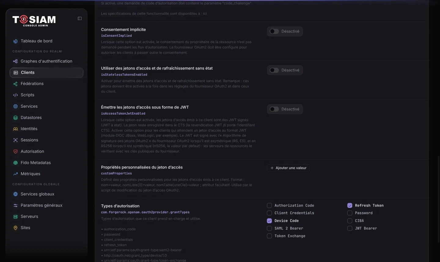 Fiche du client appareil-tv, onglet Avancé : consentement implicite désactivé, types d'autorisation Device Code et Refresh Token cochés