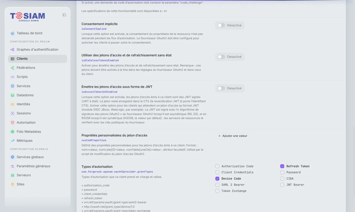 Fiche du client appareil-tv, onglet Avancé : consentement implicite désactivé, types d'autorisation Device Code et Refresh Token cochés