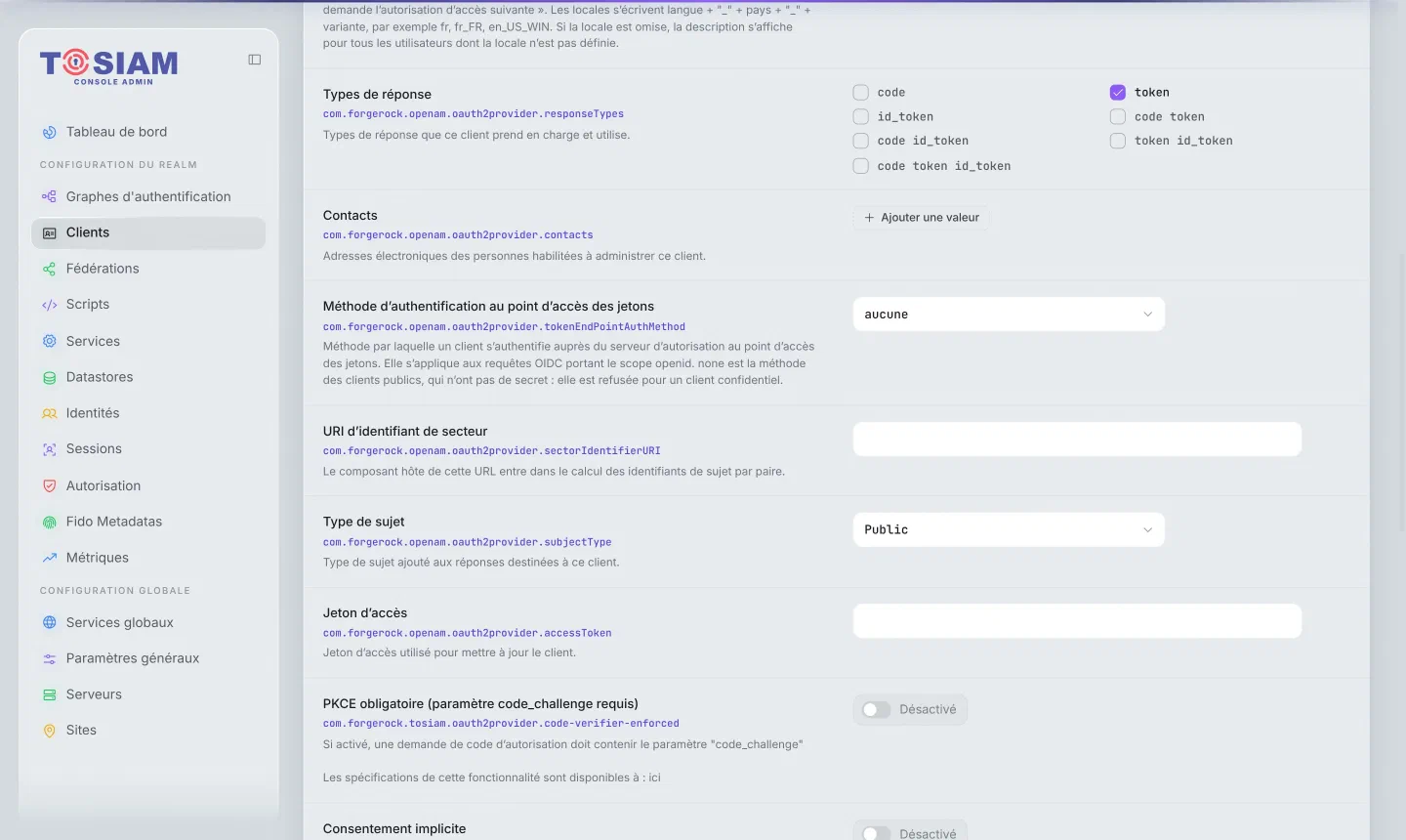 Fiche du client appareil-tv, onglet Avancé : type de réponse token coché, méthode d'authentification aucune