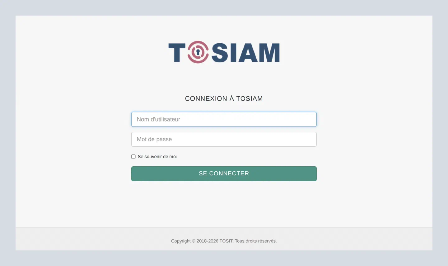 Page de connexion TOSIAM : nom d'utilisateur et mot de passe