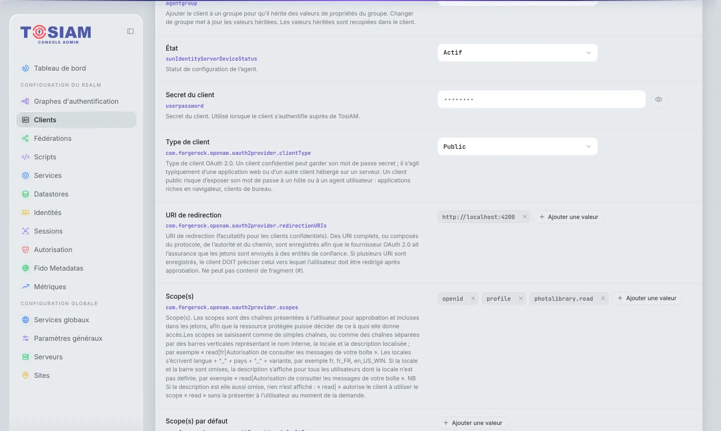 Fiche du client, onglet Général : type de client Public, URI de redirection, scopes openid, profile, photolibrary.read