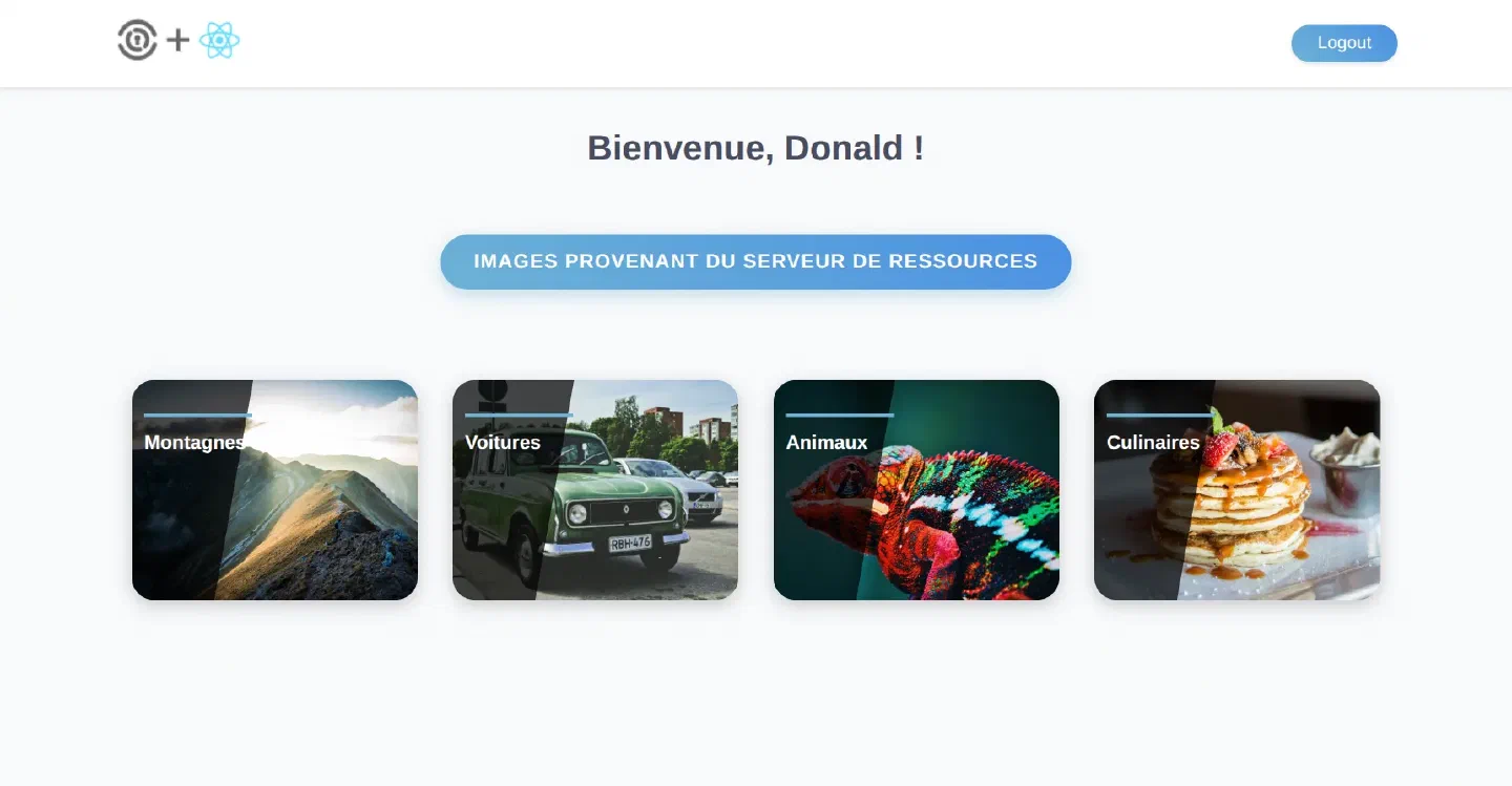 Application React connectée : bouton Logout et quatre albums photo Montagnes, Voitures, Animaux, Culinaires