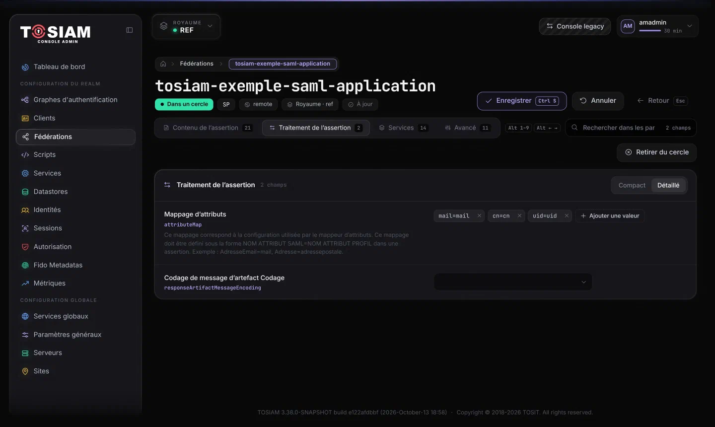 Console, fournisseur de services tosiam-exemple-saml-application, onglet Traitement de l'assertion : Mappage d'attributs mail=mail, cn=cn, uid=uid