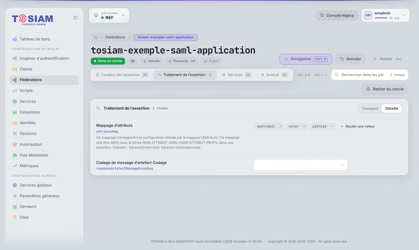 Console, fournisseur de services tosiam-exemple-saml-application, onglet Traitement de l'assertion : Mappage d'attributs mail=mail, cn=cn, uid=uid