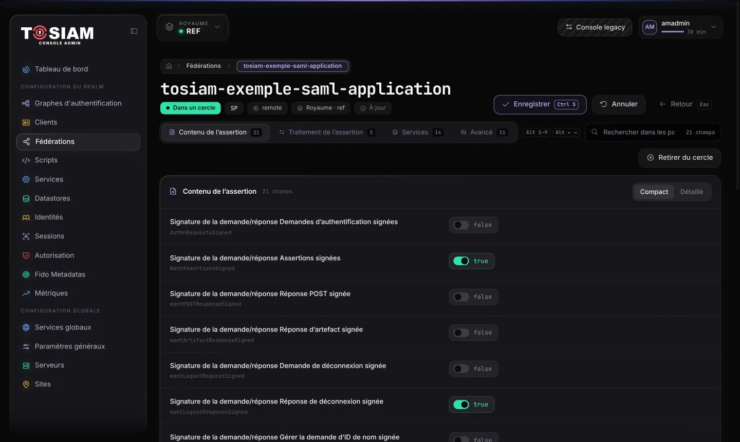 Console, fournisseur de services tosiam-exemple-saml-application, onglet Contenu de l'assertion : Assertions signées true, Réponse de déconnexion signée true