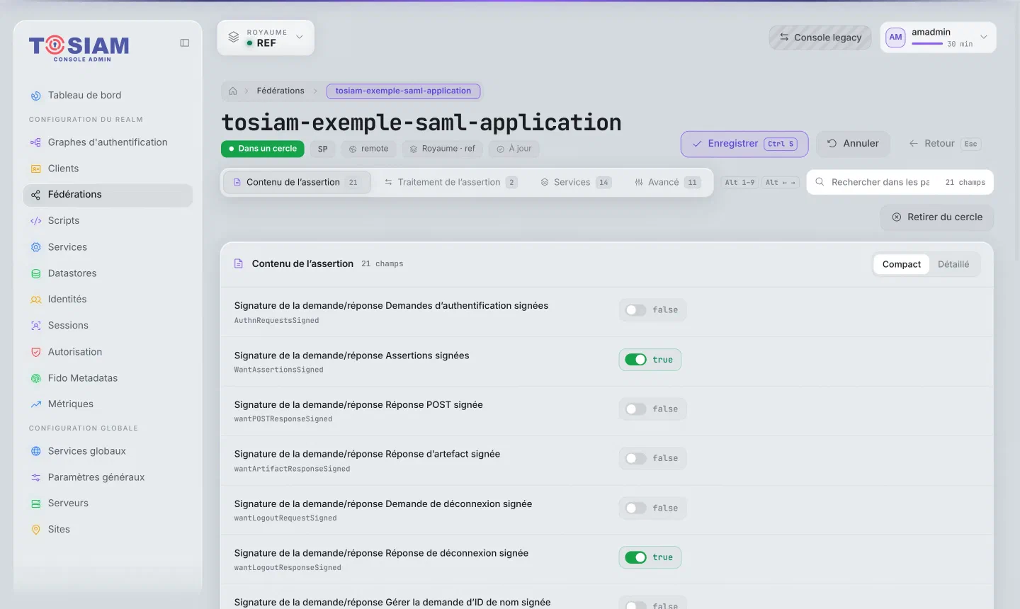 Console, fournisseur de services tosiam-exemple-saml-application, onglet Contenu de l'assertion : Assertions signées true, Réponse de déconnexion signée true