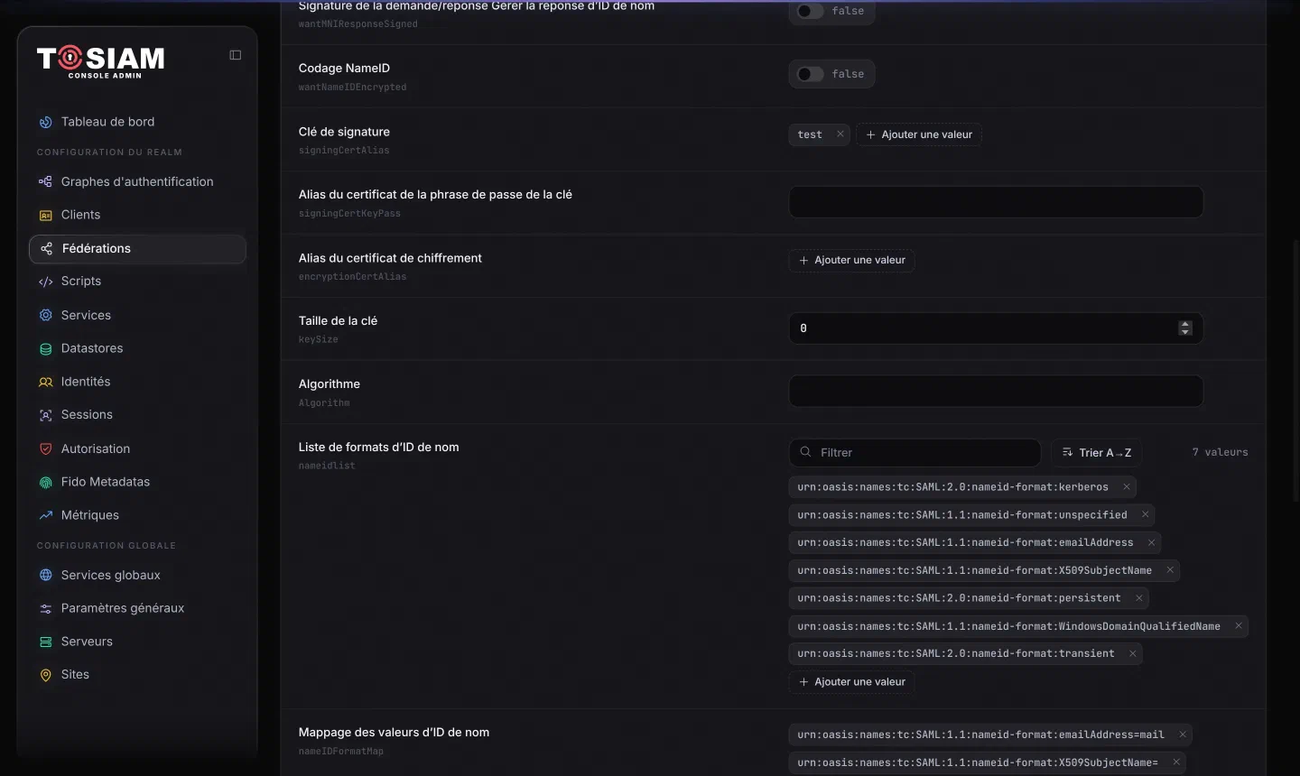 Console, fournisseur d'identité tosiam-exemple-saml-idp, onglet Contenu de l'assertion : clé de signature test ; liste de formats d'ID de nom, dont persistent et transient