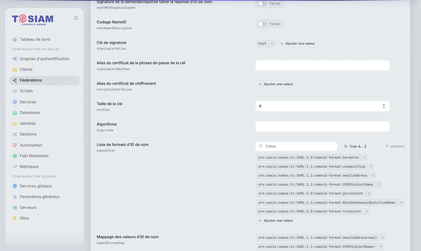 Console, fournisseur d'identité tosiam-exemple-saml-idp, onglet Contenu de l'assertion : clé de signature test ; liste de formats d'ID de nom, dont persistent et transient