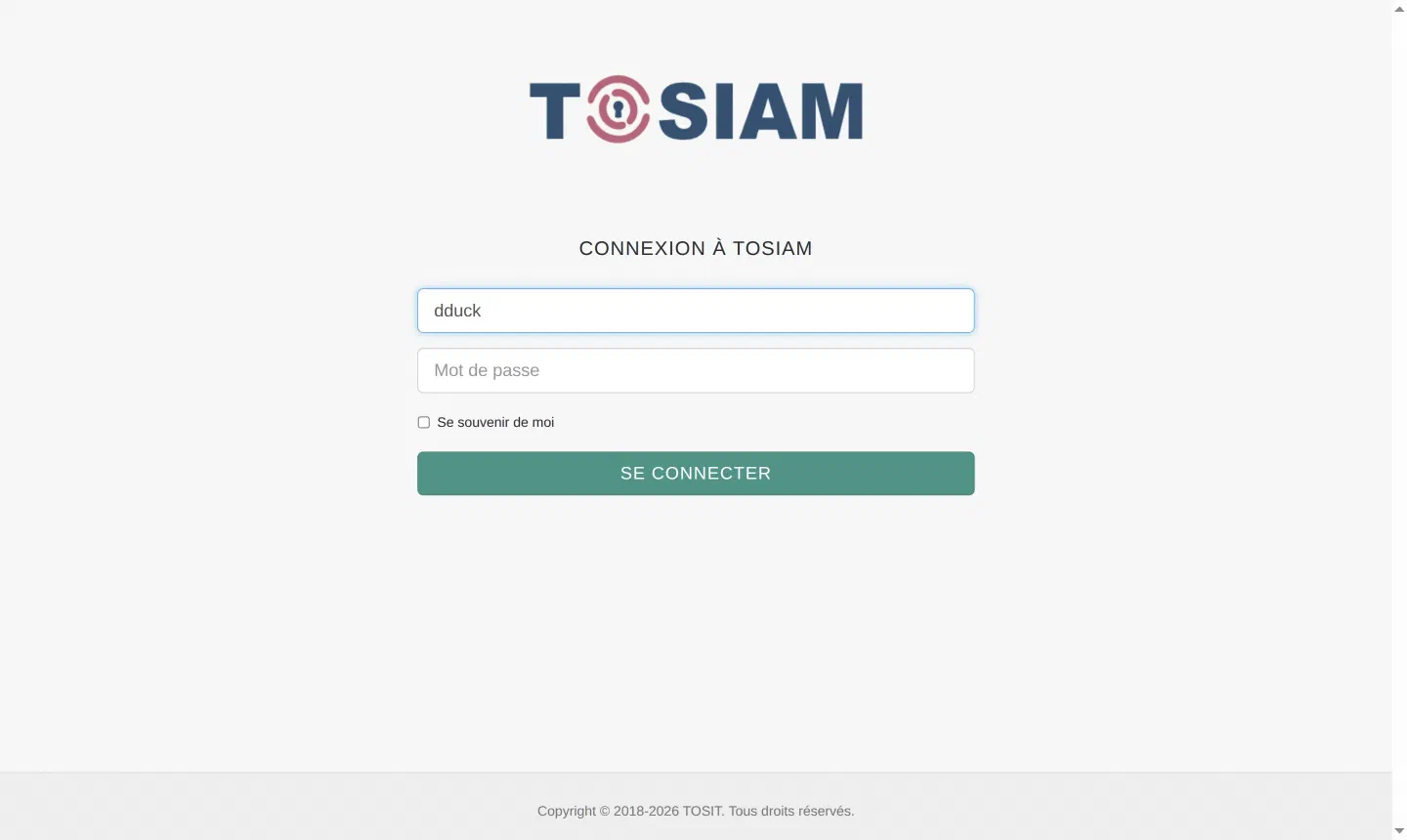 Page de connexion XUI de TOSIAM : Connexion à TOSIAM, identifiant dduck, mot de passe, bouton Se connecter