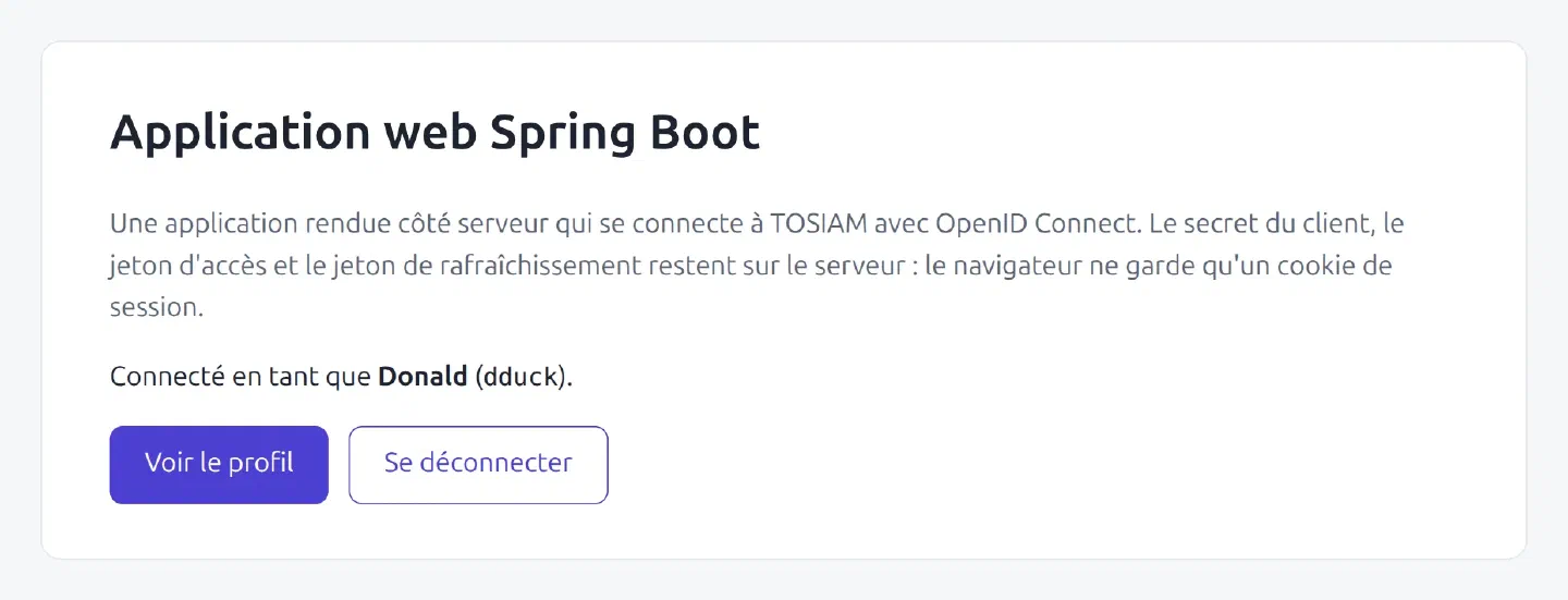 Accueil de l'application connectée : Connecté en tant que Donald (dduck), boutons Voir le profil et Se déconnecter