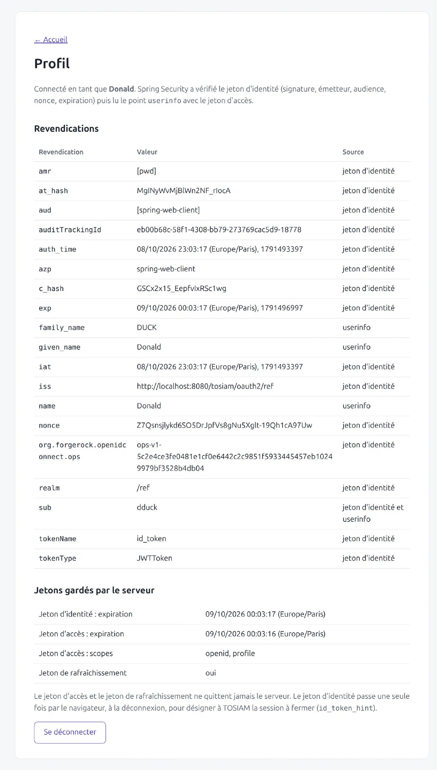 Page Profil : revendications du jeton d'identité et de userinfo avec leur source, expiration des jetons, scopes openid et profile, jeton de rafraîchissement présent