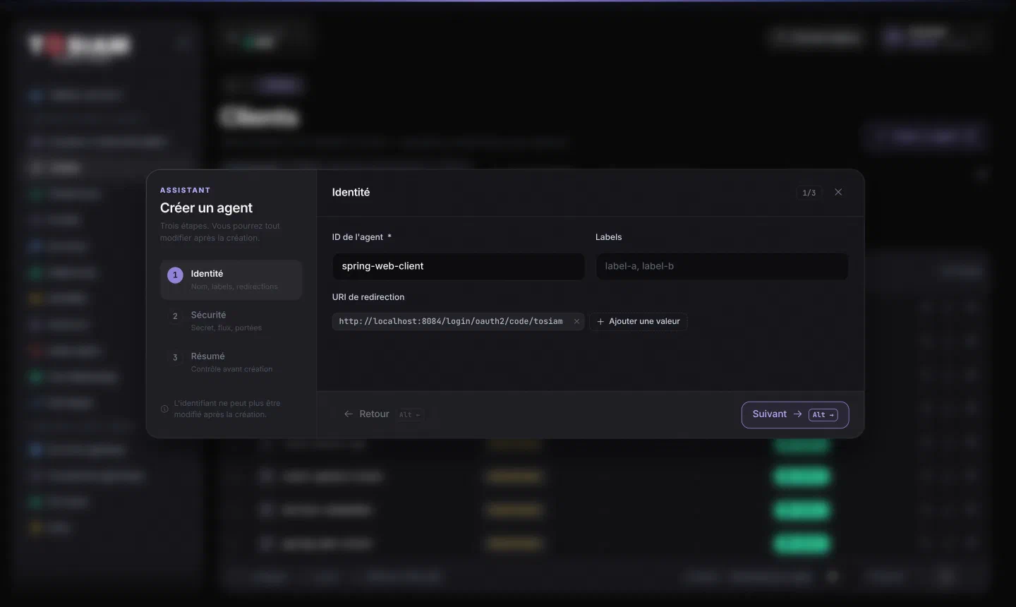 Assistant de création d'agent, étape Identité : identifiant spring-web-client et URI de redirection http://localhost:8084/login/oauth2/code/tosiam