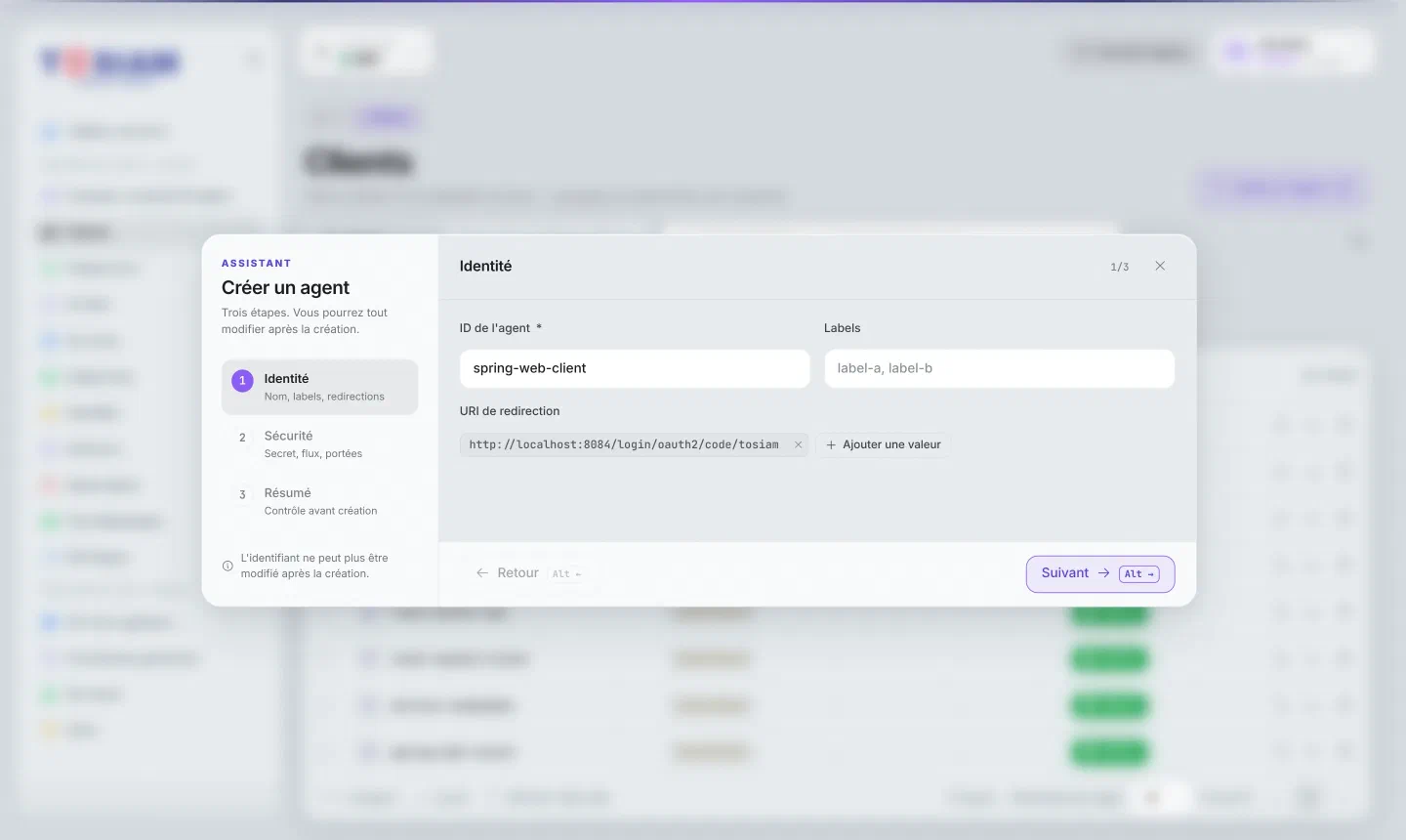 Assistant de création d'agent, étape Identité : identifiant spring-web-client et URI de redirection http://localhost:8084/login/oauth2/code/tosiam