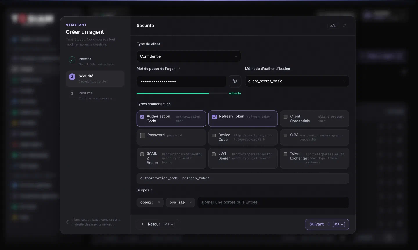 Assistant de création d'agent, étape Sécurité : type Confidentiel, mot de passe et méthode client_secret_basic, types d'autorisation Authorization Code et Refresh Token, scopes openid et profile