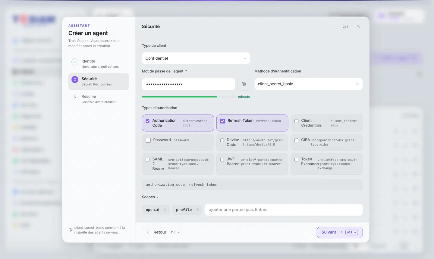 Assistant de création d'agent, étape Sécurité : type Confidentiel, mot de passe et méthode client_secret_basic, types d'autorisation Authorization Code et Refresh Token, scopes openid et profile