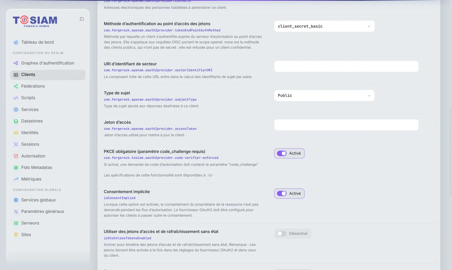 Fiche du client spring-web-client, onglet Avancé : méthode d'authentification client_secret_basic, PKCE obligatoire et consentement implicite activés