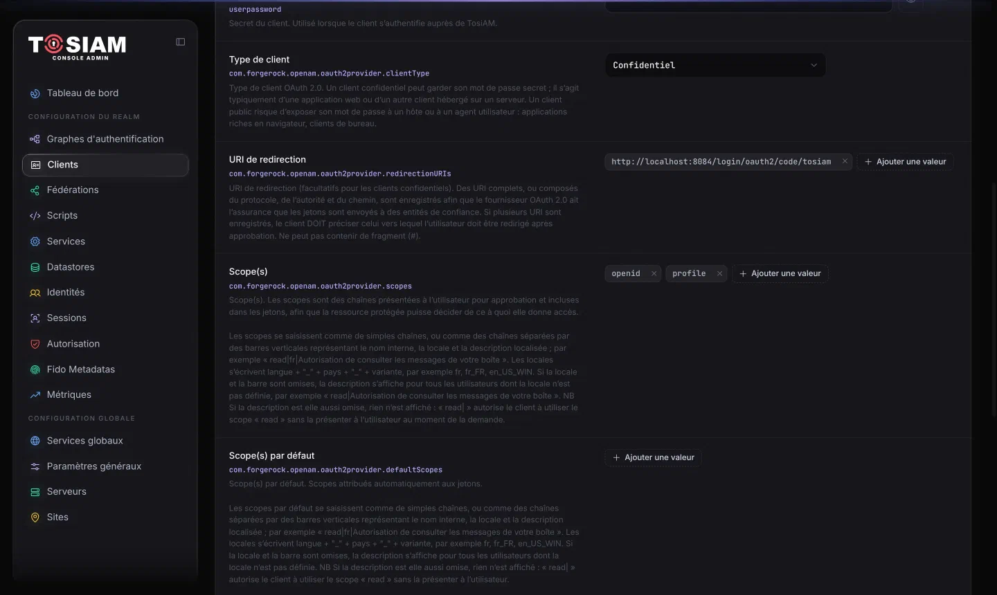 Fiche du client spring-web-client, onglet Général : type de client Confidentiel, URI de redirection, scopes openid et profile
