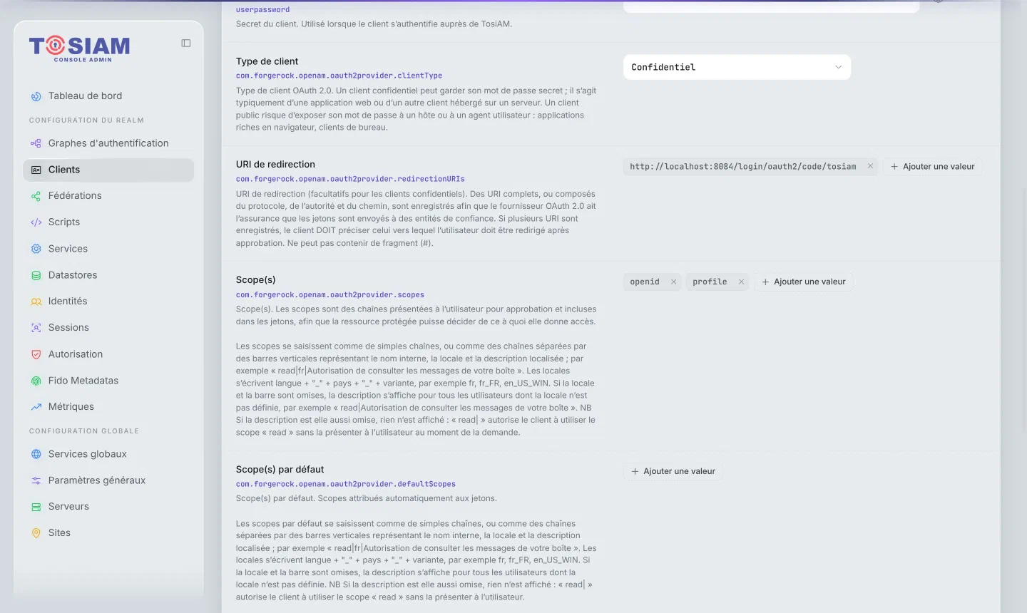 Fiche du client spring-web-client, onglet Général : type de client Confidentiel, URI de redirection, scopes openid et profile