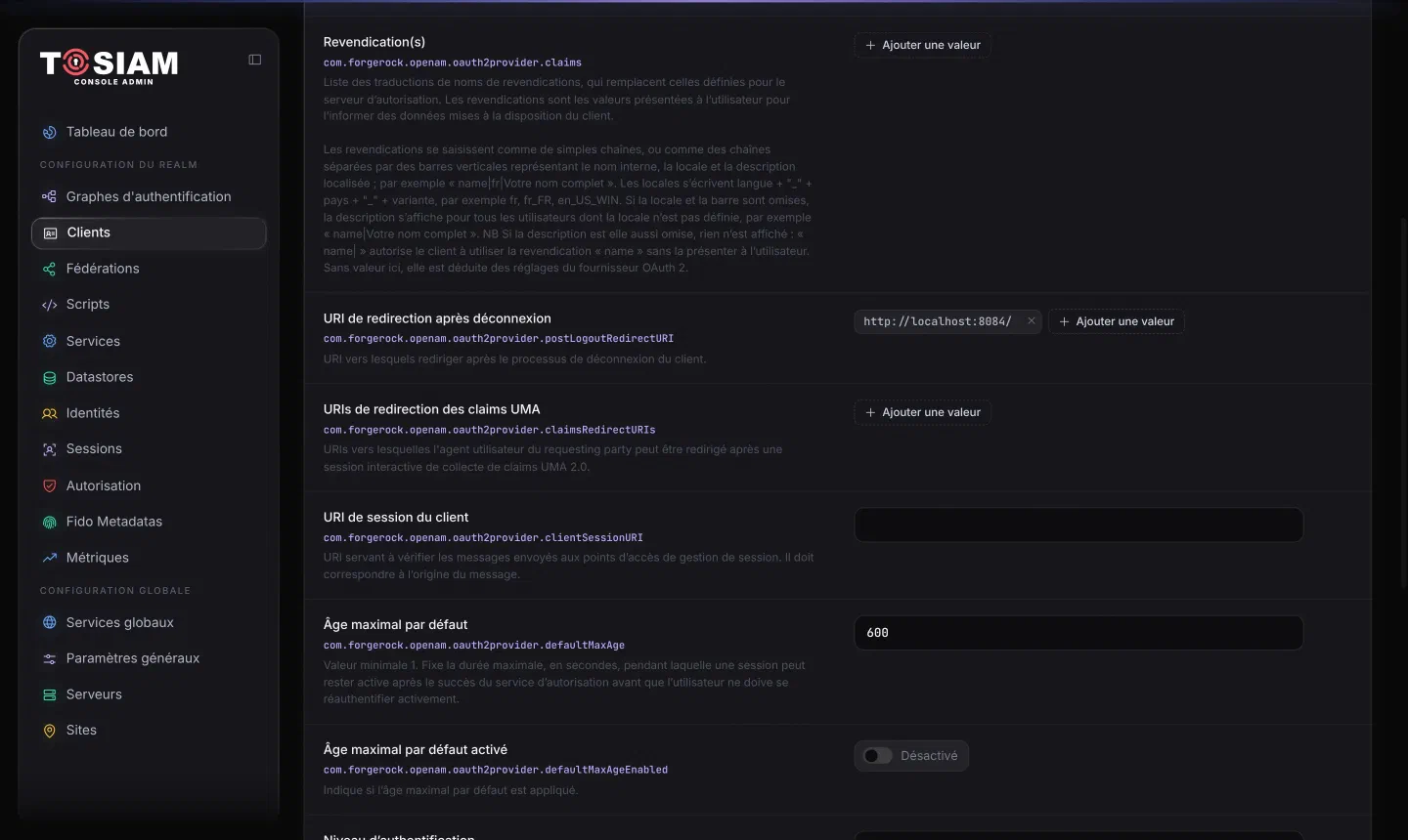 Fiche du client spring-web-client, onglet OpenID Connect : URI de redirection après déconnexion http://localhost:8084/