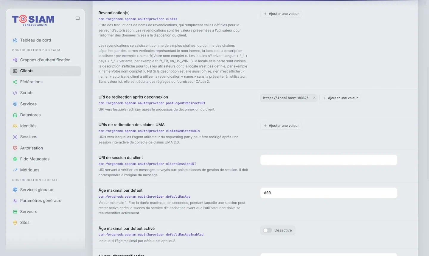 Fiche du client spring-web-client, onglet OpenID Connect : URI de redirection après déconnexion http://localhost:8084/