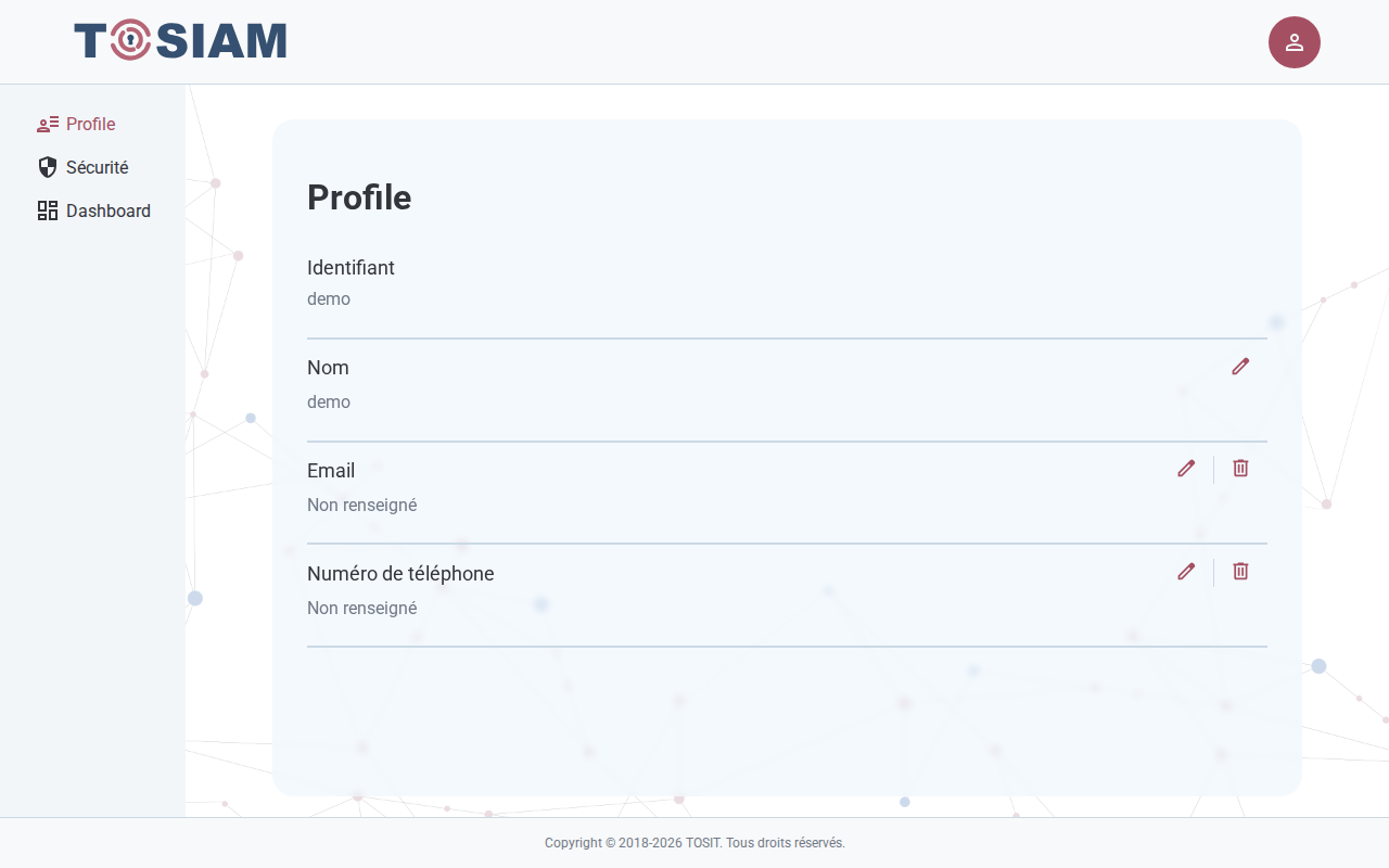 Application account TOSIAM après authentification réussie