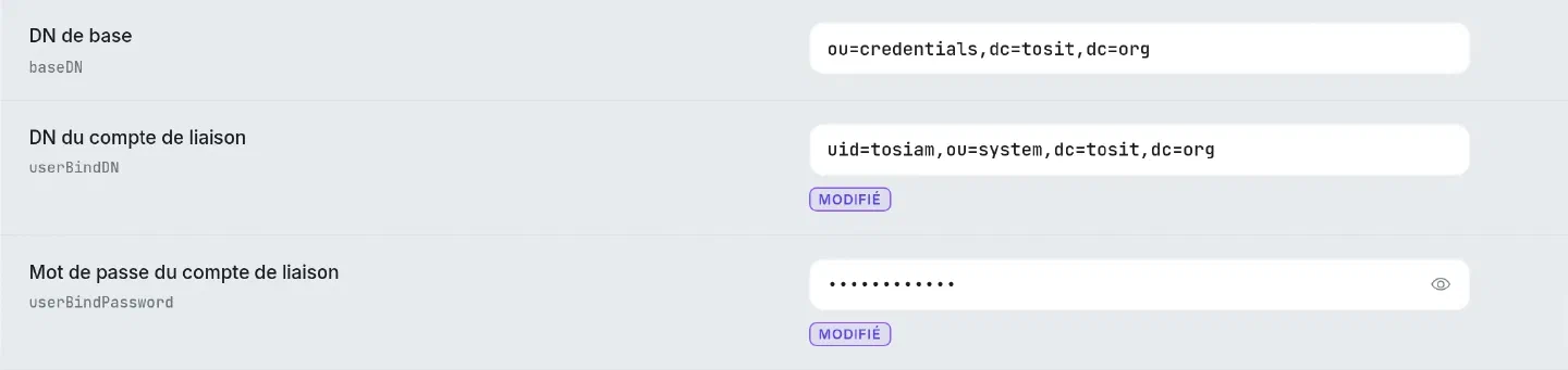 Réglages du service WebAuthn Authenticator Service : DN de base ou=credentials,dc=tosit,dc=org, DN du compte de liaison uid=tosiam,ou=system,dc=tosit,dc=org et mot de passe du compte de liaison